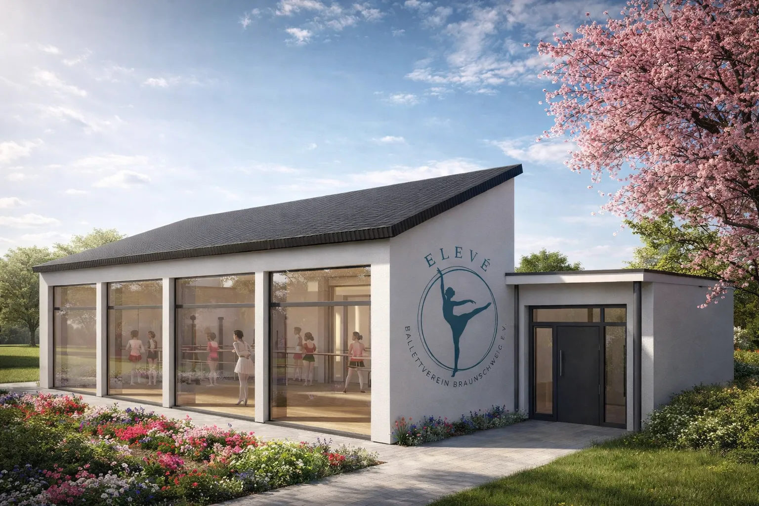 Visualisierung eines eingeschossigen Ballettstudios mit großer Glasfront und Satteldach