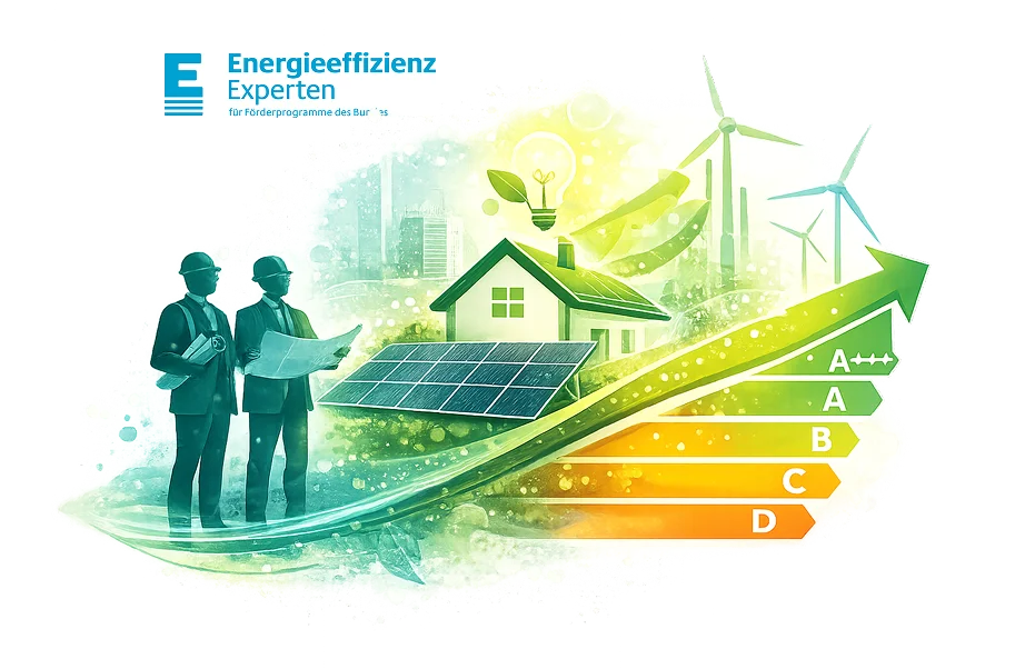 Illustration: Haus mit Solarmodulen, Windrädern und Energieeffizienzklassen, dazu das Logo der Energieeffizienz-Expertenliste