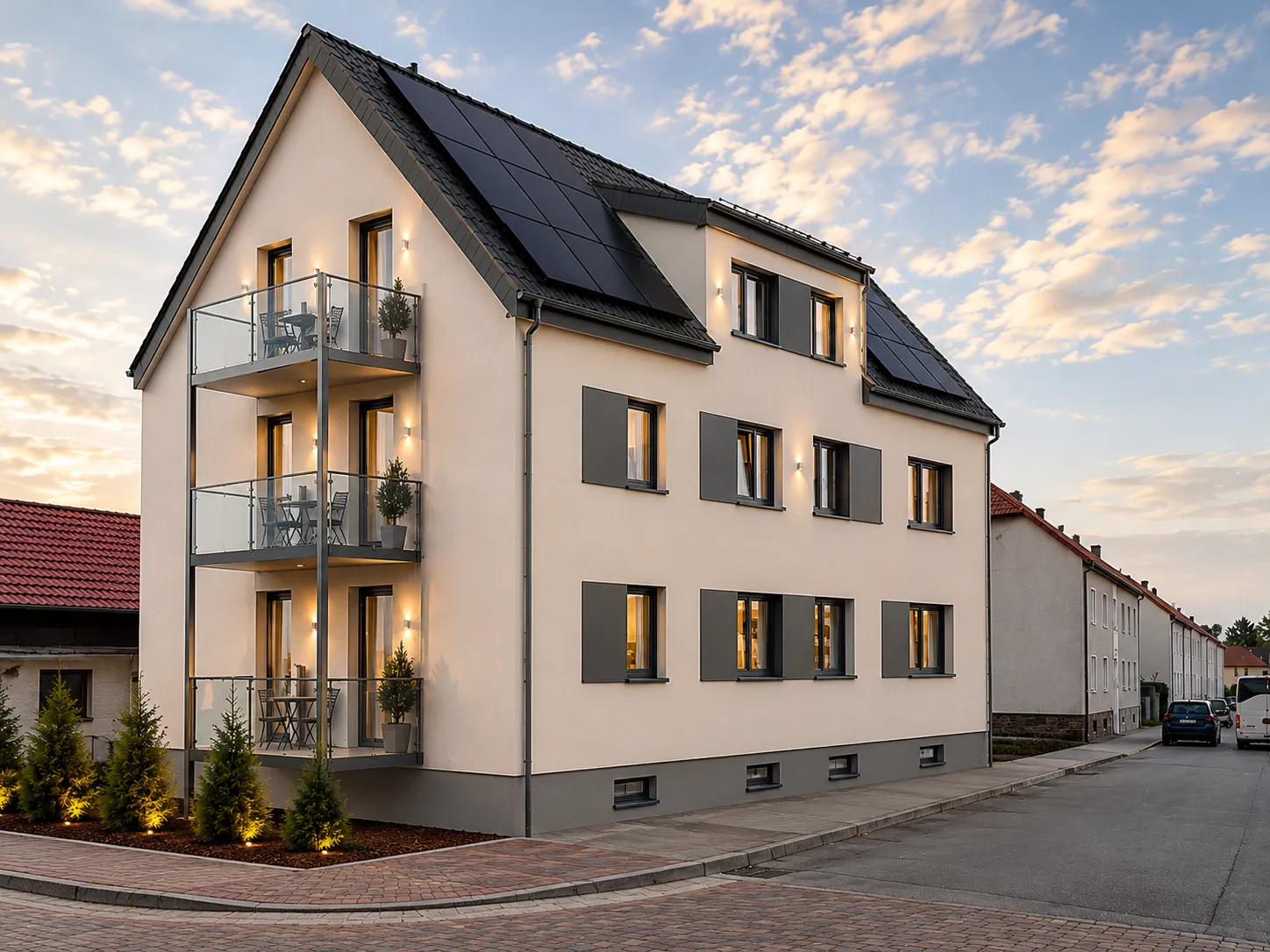 Visualisierung eines Mehrfamilienhauses mit Balkonen im Abendlicht