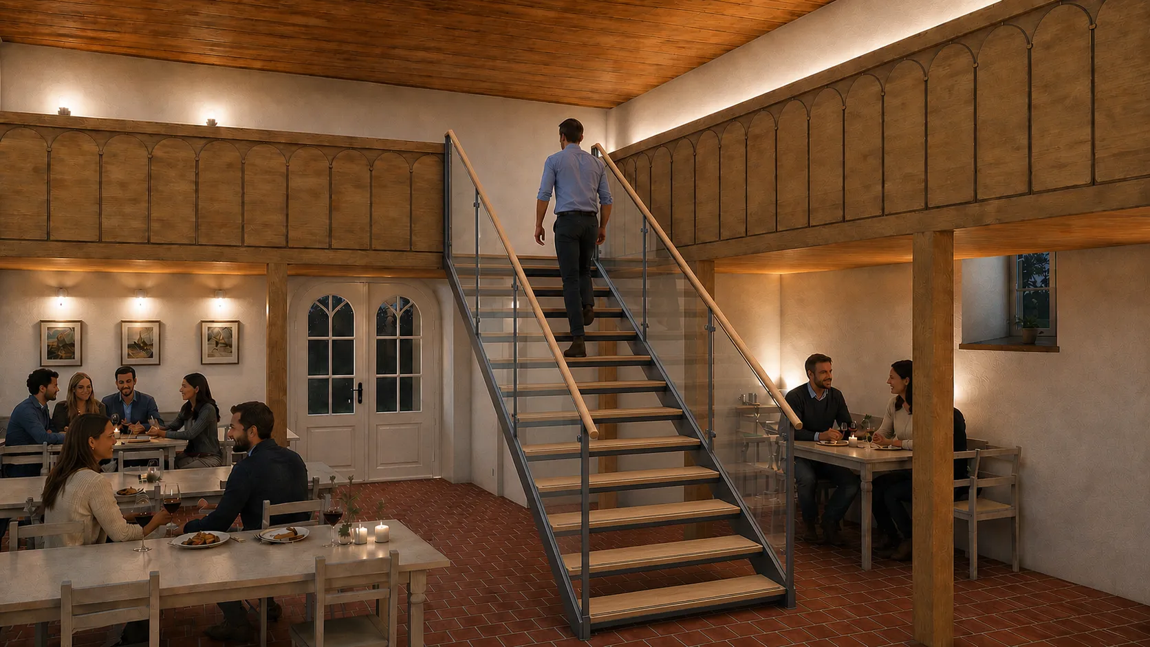 Visualisierung des Restaurants im Kirchenraum mit Tischen, Empore und neuer Treppe